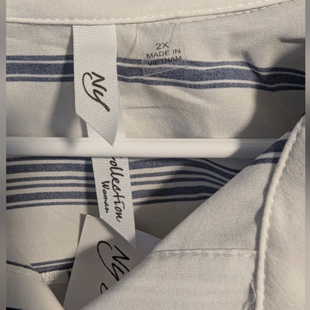 NY COLLECTIONS women'sSleeveless Button Down Shirt 2X collar stripes blue w-427 - Picture 5 of 6
